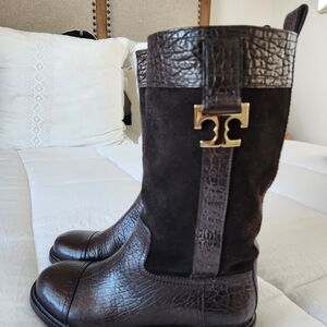 Tory Burch Dark Brown Leather Boots with Gold Accent